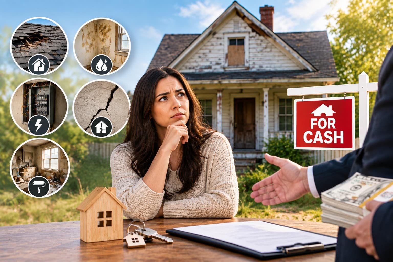 Damaged house with roof, mold, electrical, and foundation problems for cash sale